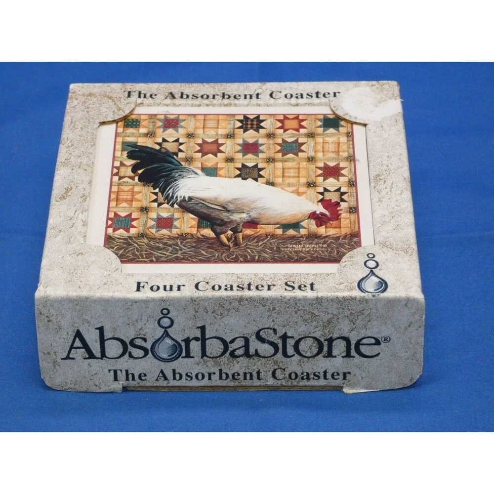 AbsorbaStone Absorbent Stone Coasters Patchwork Rooster Set Of 4 in Box Triplett